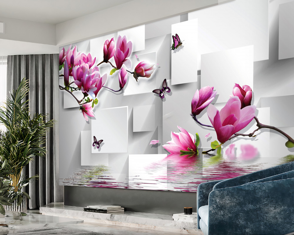 Fototapeta fioletowe kwiaty magnolii nad wodą