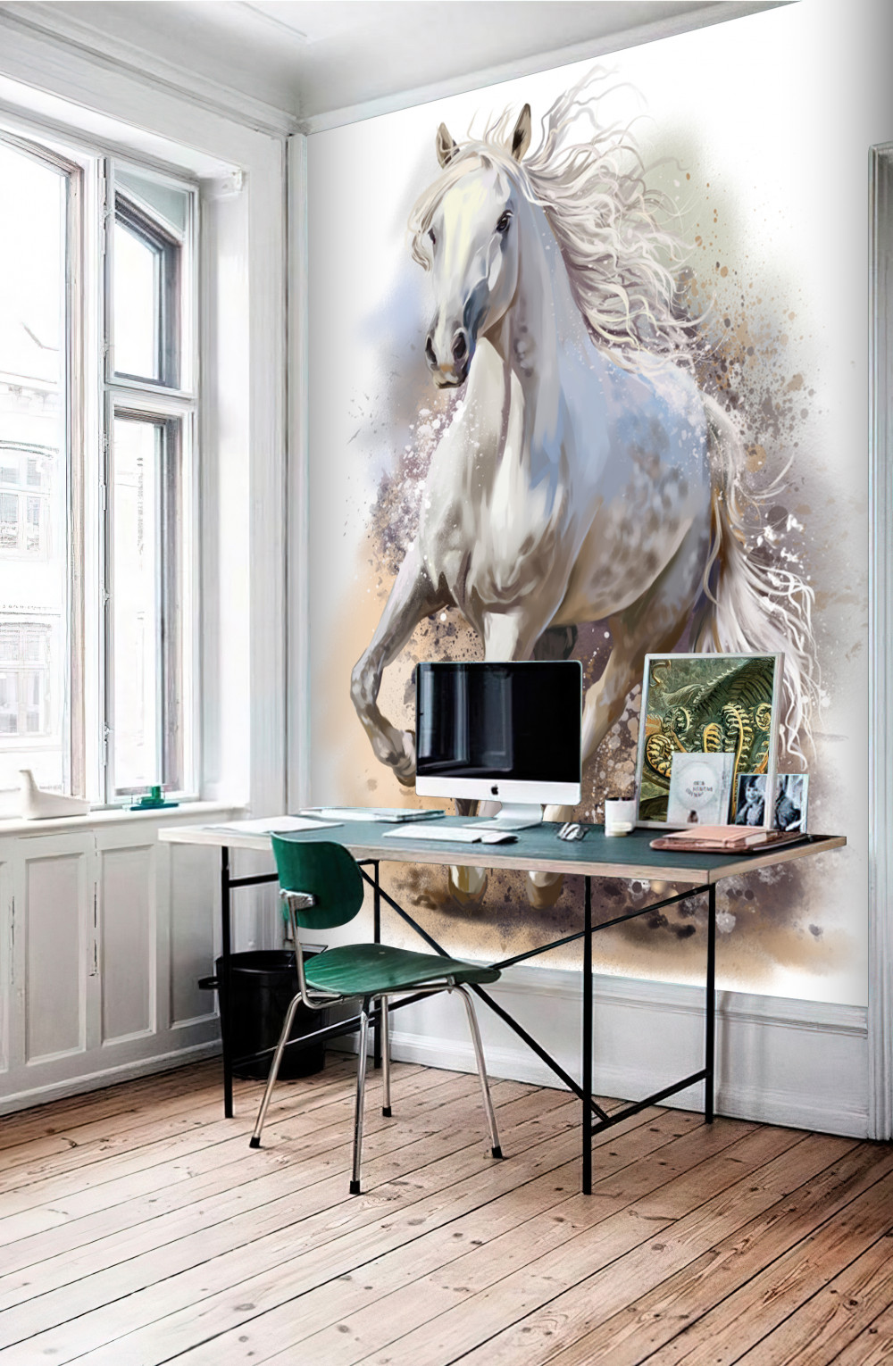 Fototapeta galop silnego białego konia z grzywą