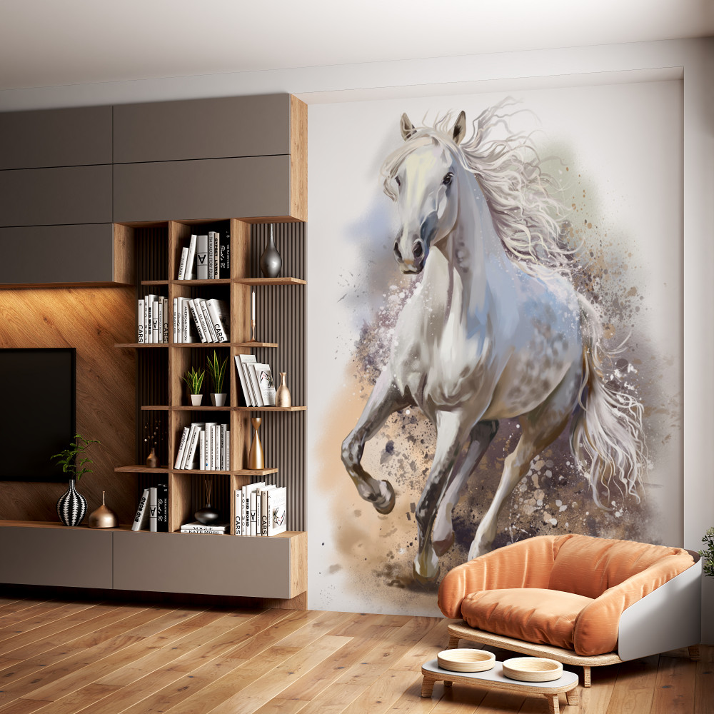 Fototapeta galop silnego białego konia z grzywą