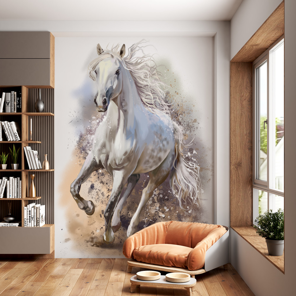 Fototapeta galop silnego białego konia z grzywą