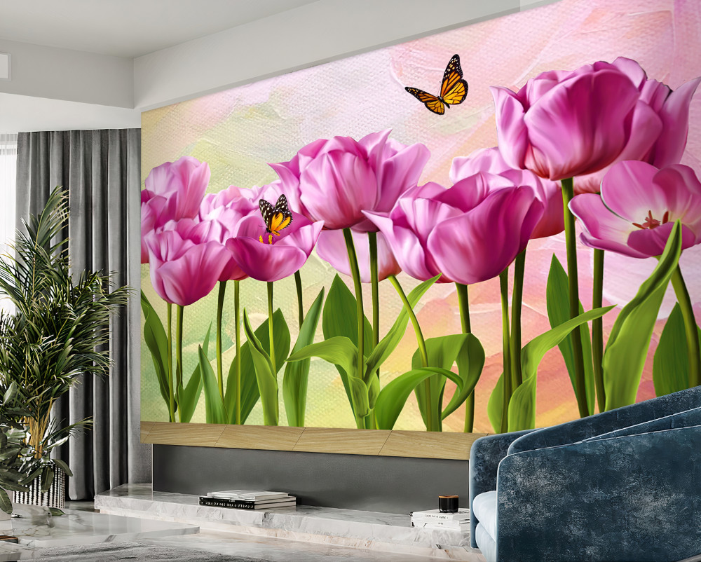 Fototapeta pole fioletowych tulipanów i motyli