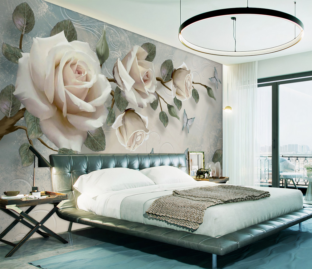Fototapeta motyle nad kwitnącymi kremowymi różami