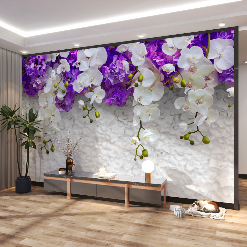 Fototapeta ściana z białych orchidei i fioletowych kwiatów
