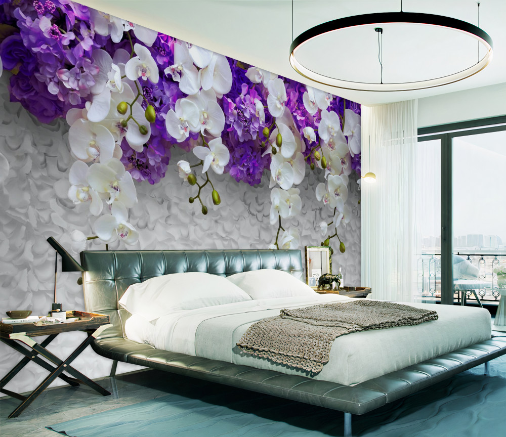 Fototapeta ściana z białych orchidei i fioletowych kwiatów