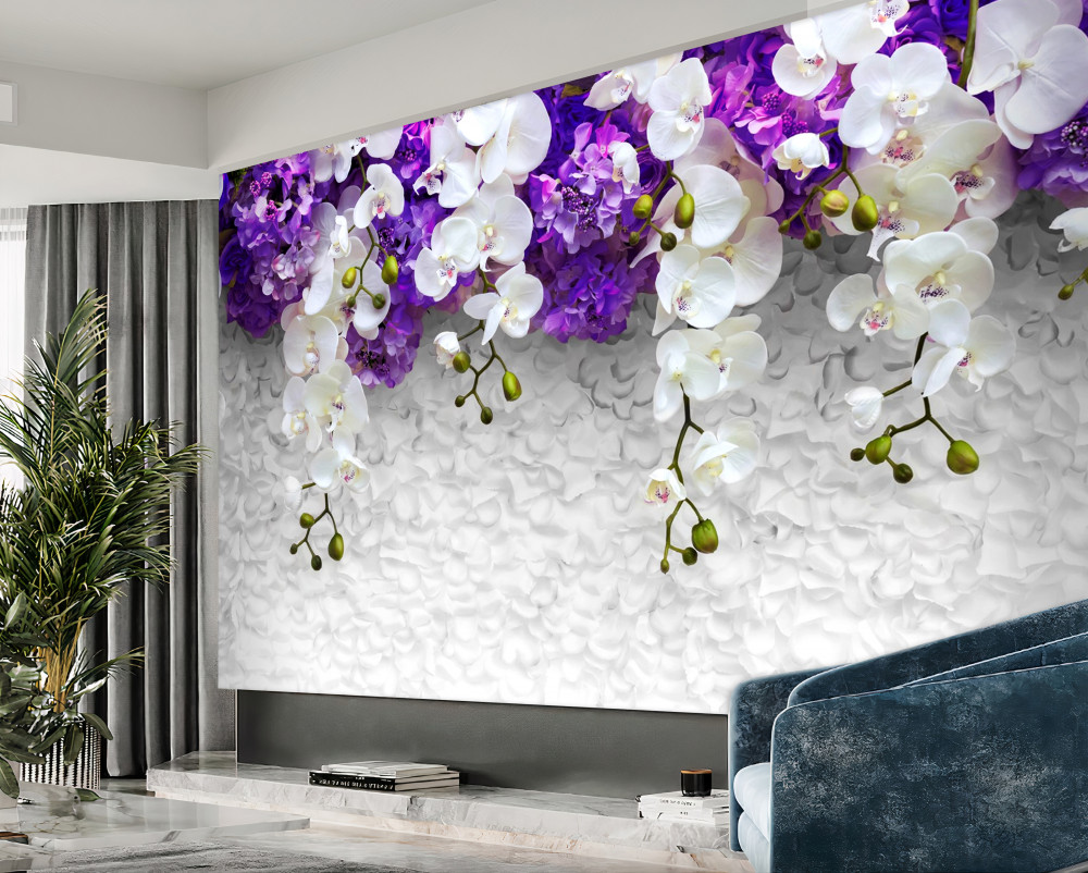 Fototapeta ściana z białych orchidei i fioletowych kwiatów