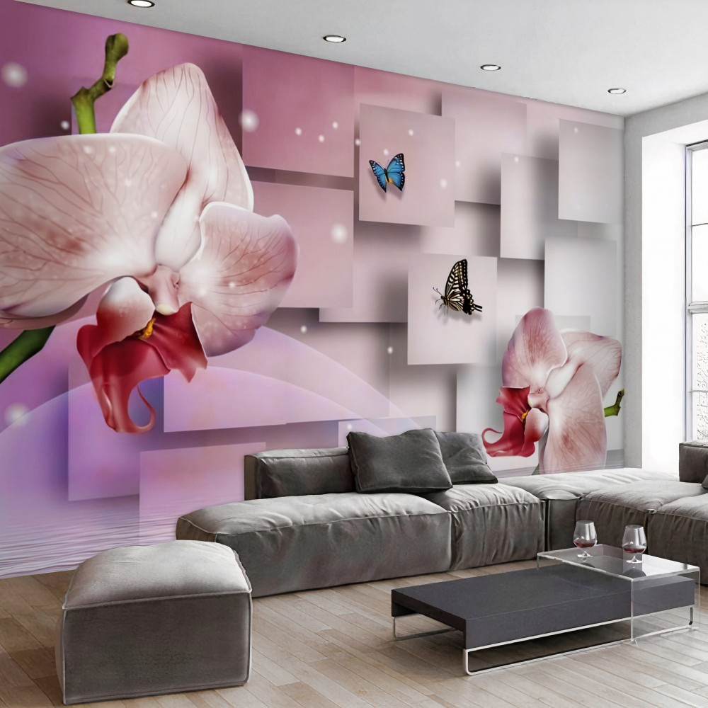 Fototapeta jasne kwiaty orchidei i motyle