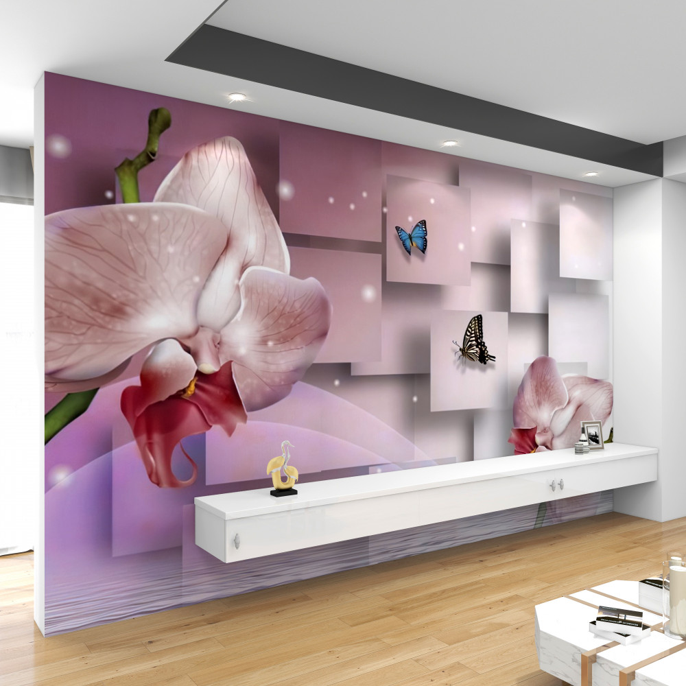 Fototapeta jasne kwiaty orchidei i motyle