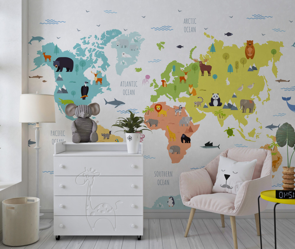 Fototapeta wielobarwna mapa świata ze zwierzętami