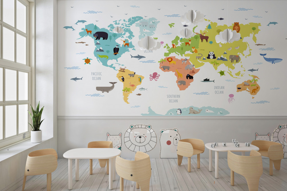 Fototapeta wielobarwna mapa świata ze zwierzętami