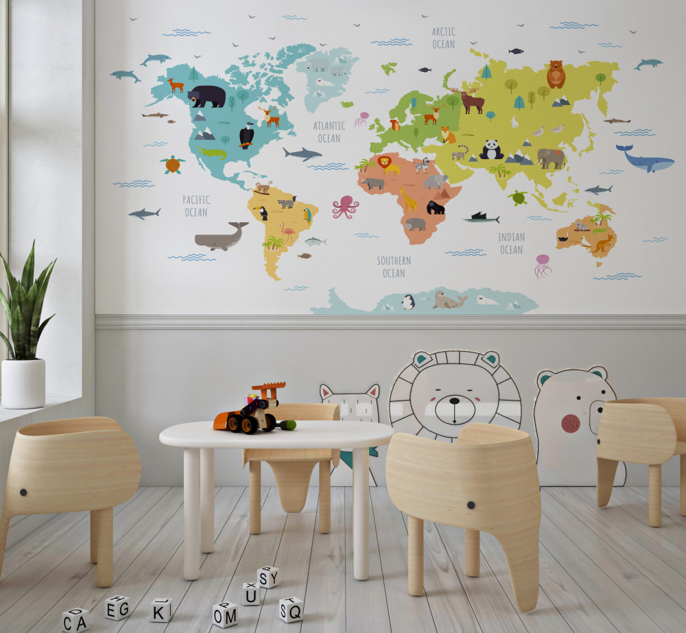 Fototapeta wielobarwna mapa świata ze zwierzętami