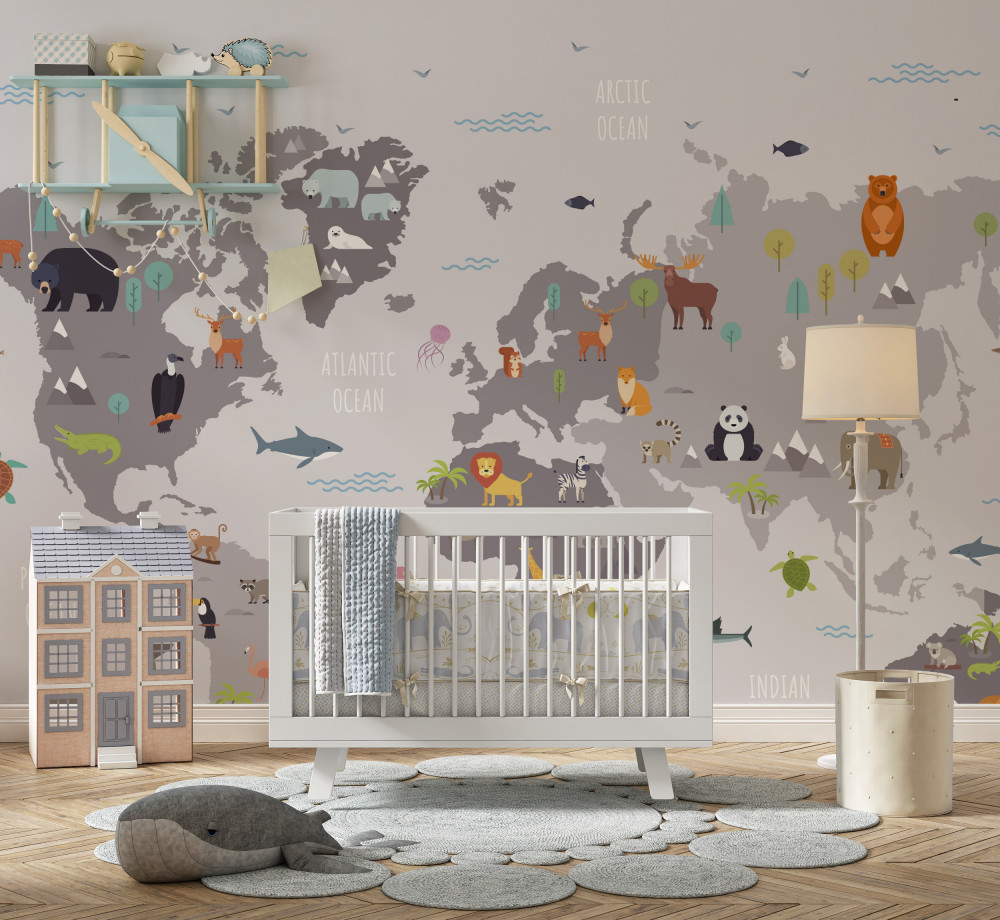 Fototapeta mapa świata ze zwierzętami w szarych kolorach
