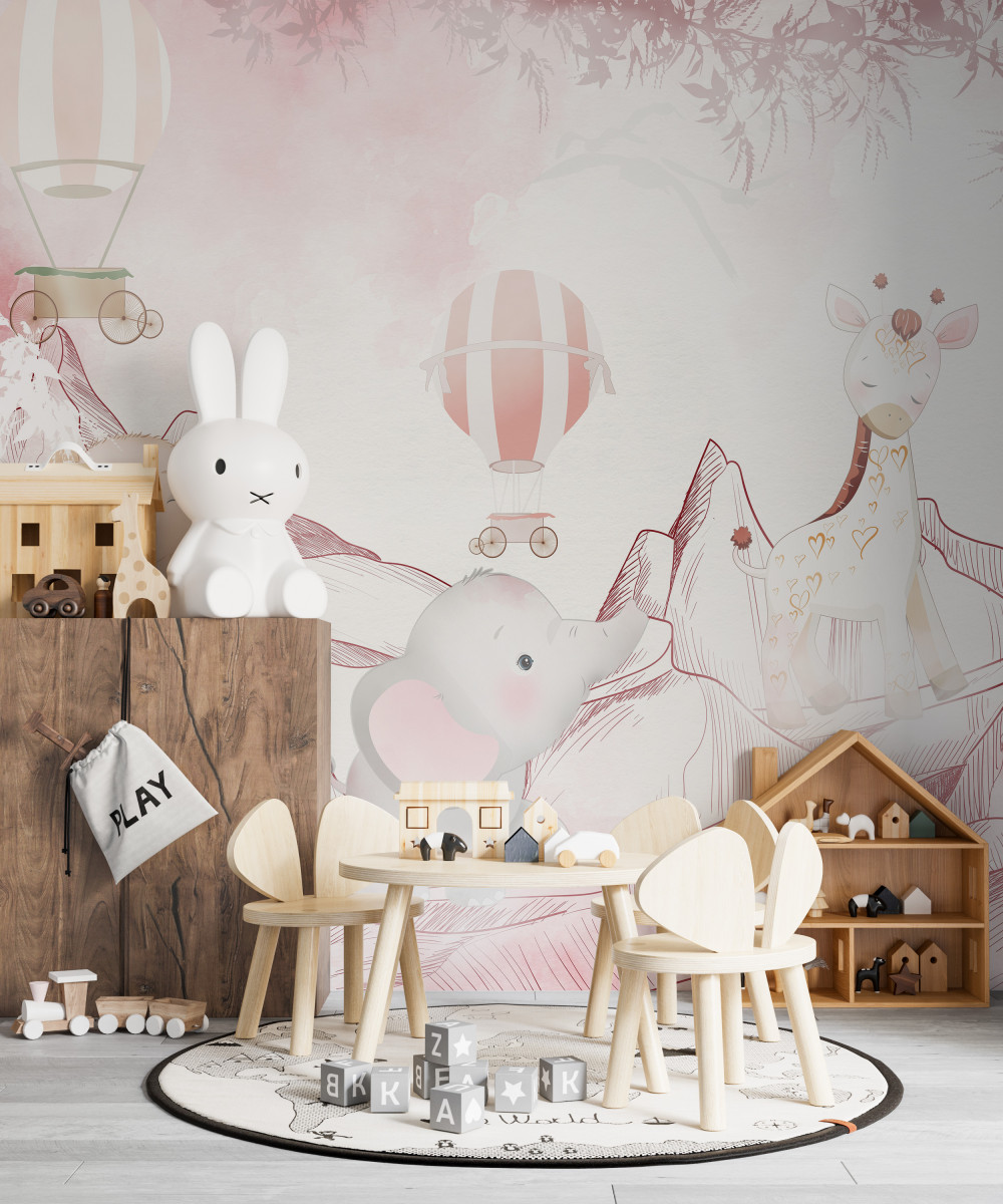 Fototapeta jasnoróżowe zwierzęta i balony
