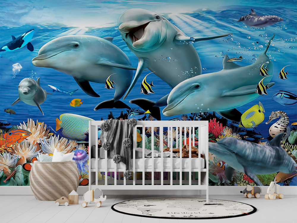 Fototapeta uśmiechnięte delfiny i ryby pod wodą