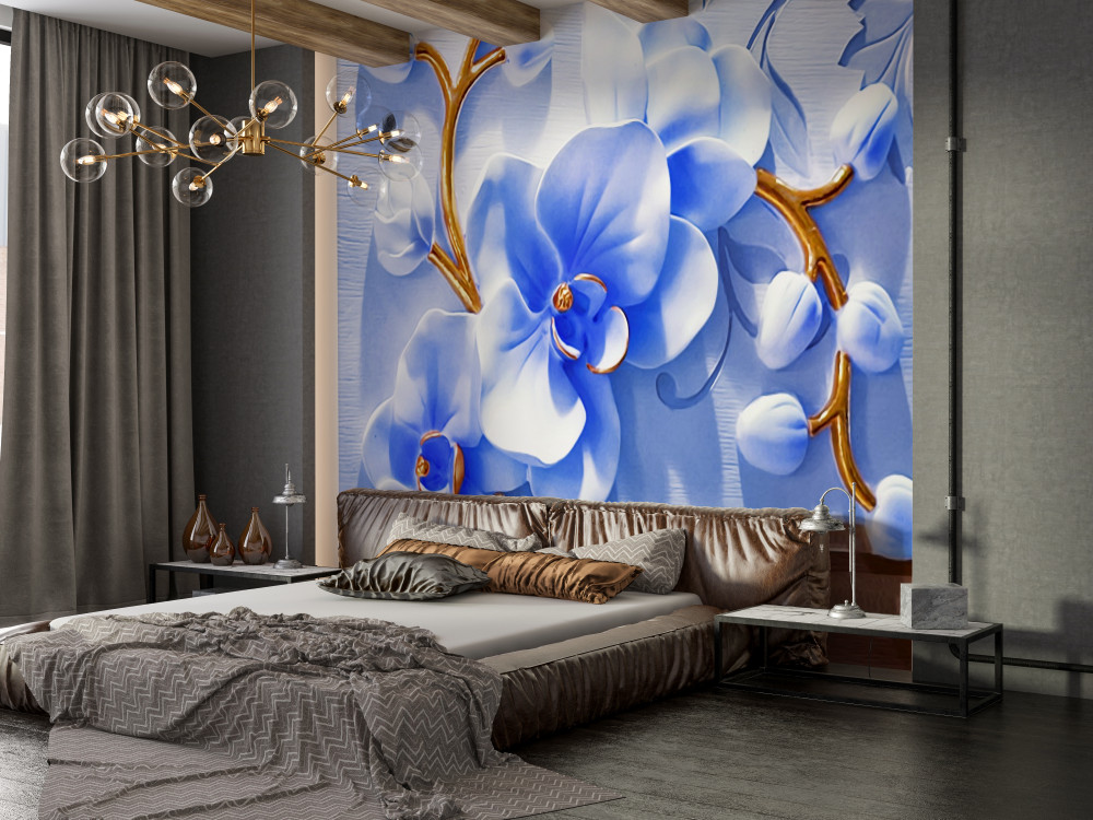 Fototapeta niebiańska orchidea ze złotymi gałęziami