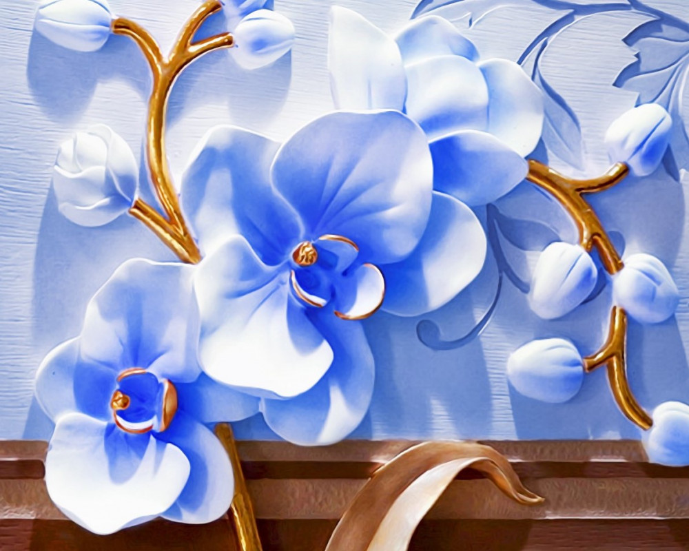 Fototapeta niebiańska orchidea ze złotymi gałęziami