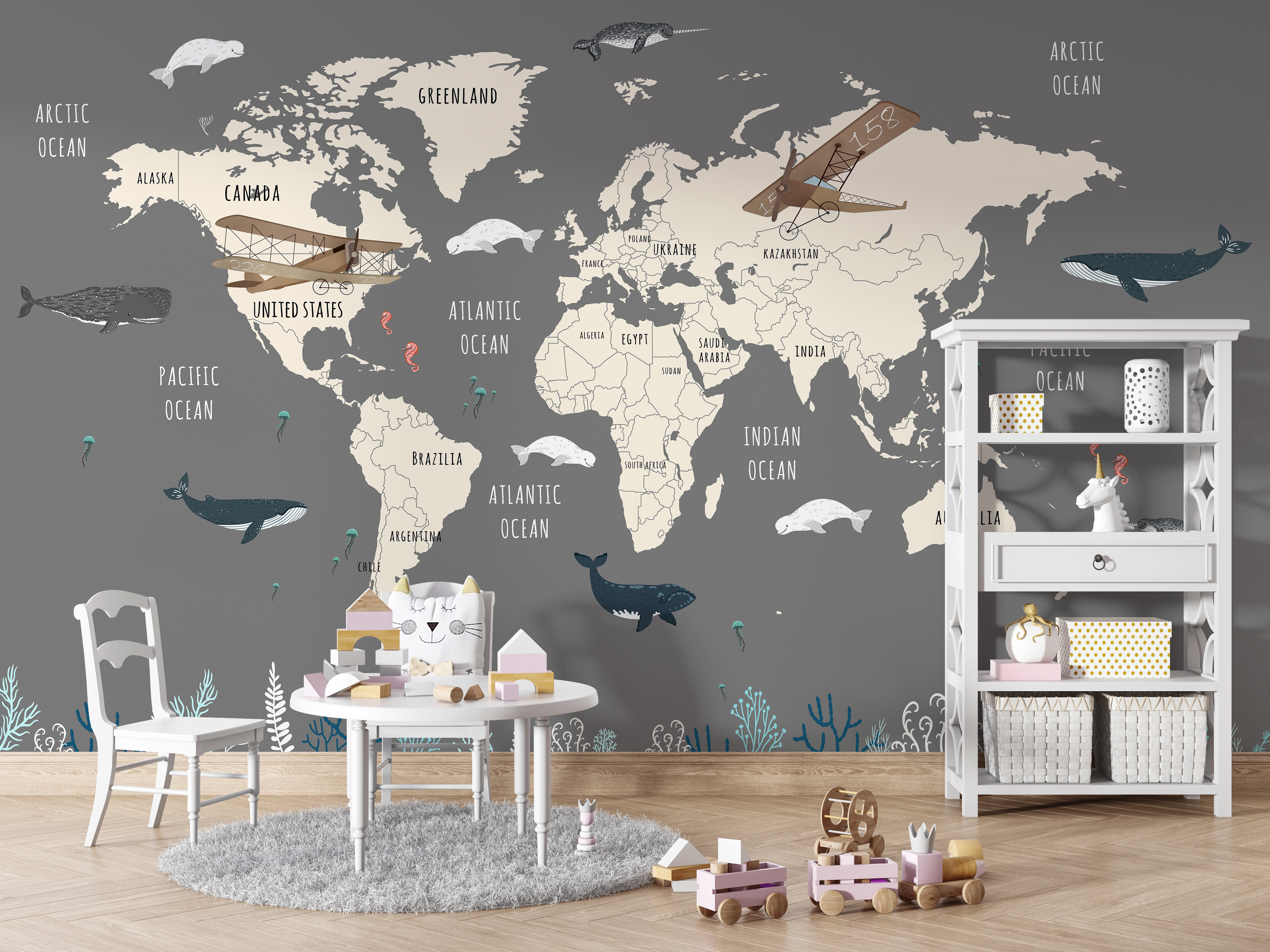 Fototapeta Mapa świata z podwodnymi zwierzętami