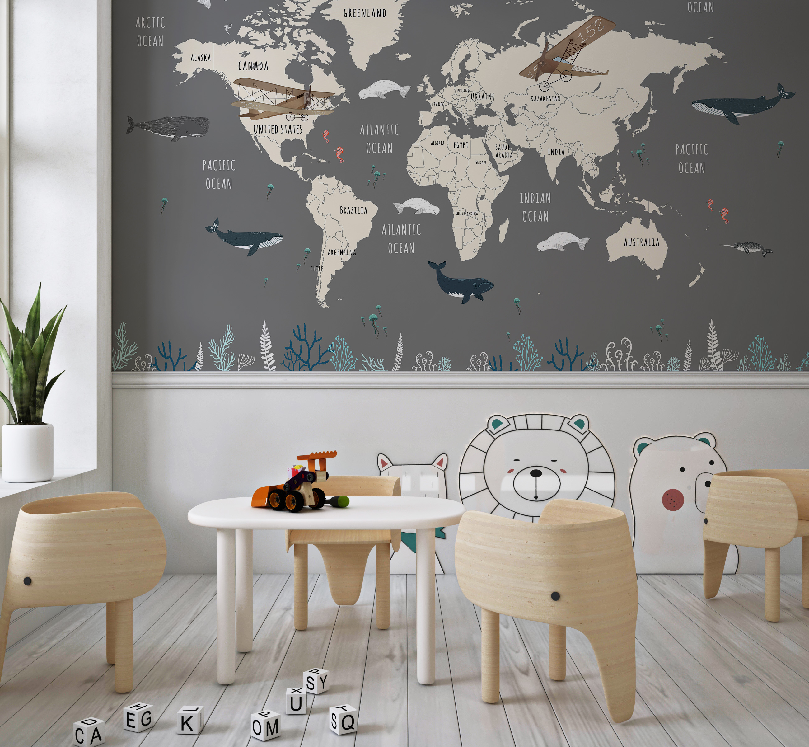 Fototapeta Mapa świata z podwodnymi zwierzętami