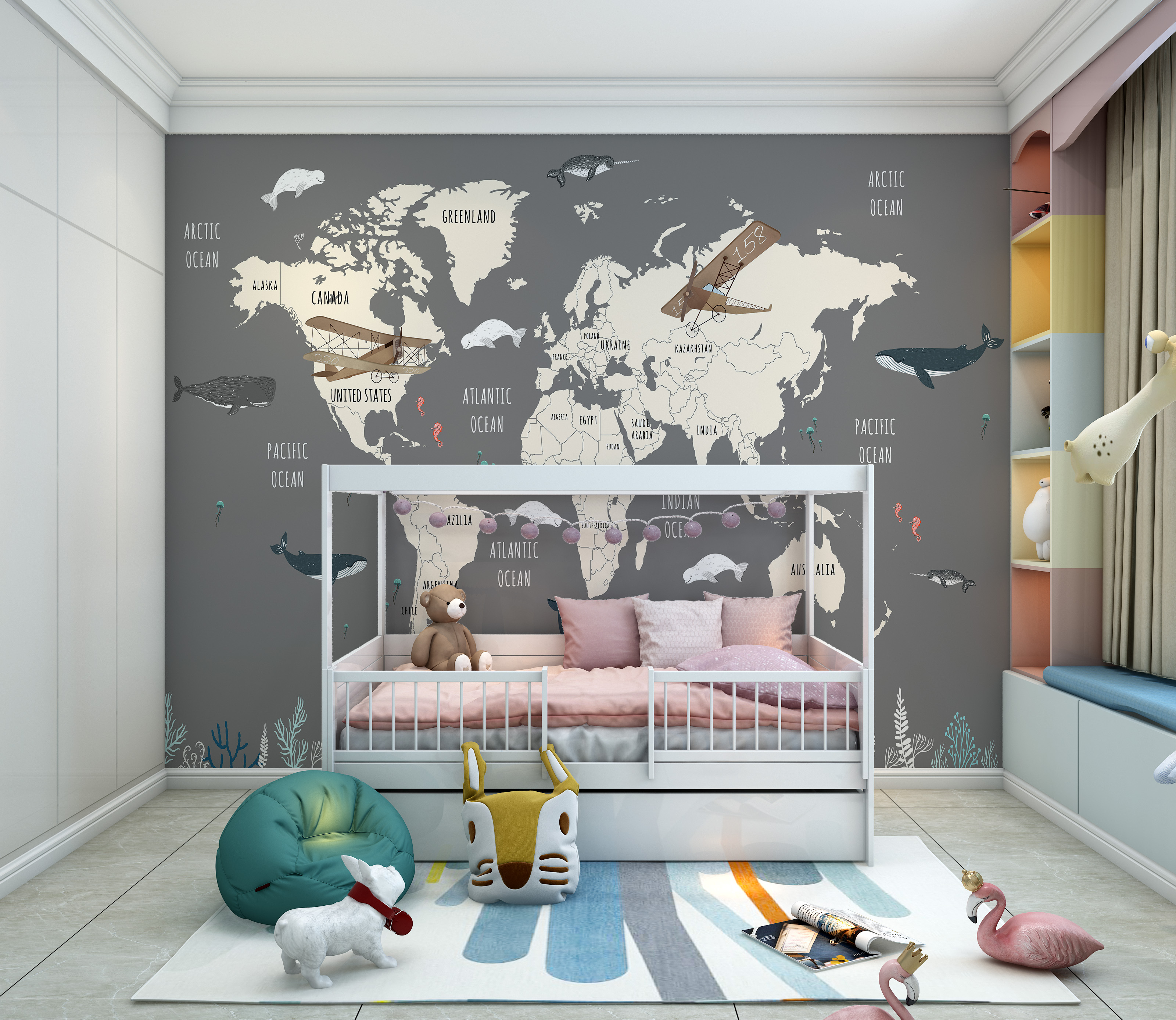 Fototapeta Mapa świata z podwodnymi zwierzętami