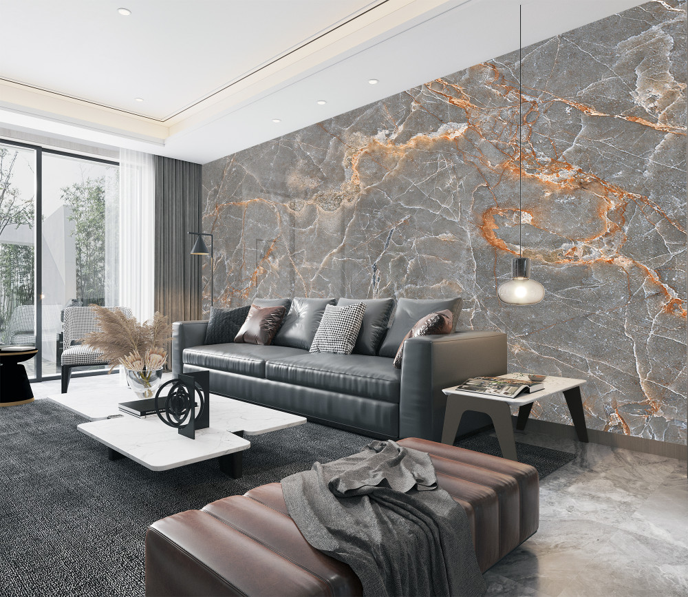 Fototapeta szare płytki porcelanowe ze złotymi gałęziami