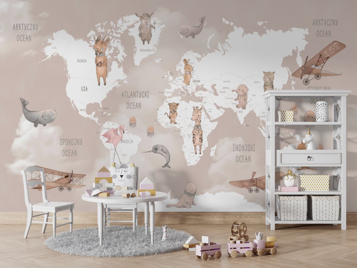 Fototapeta Mapa świata ze zwierzętami i samolotami śmigłowymi
