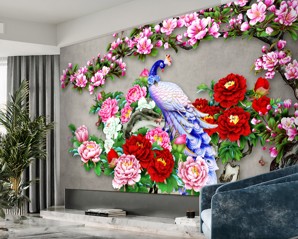 Fototapeta piękny paw na kwitnących gałęziach magnolii i róż
