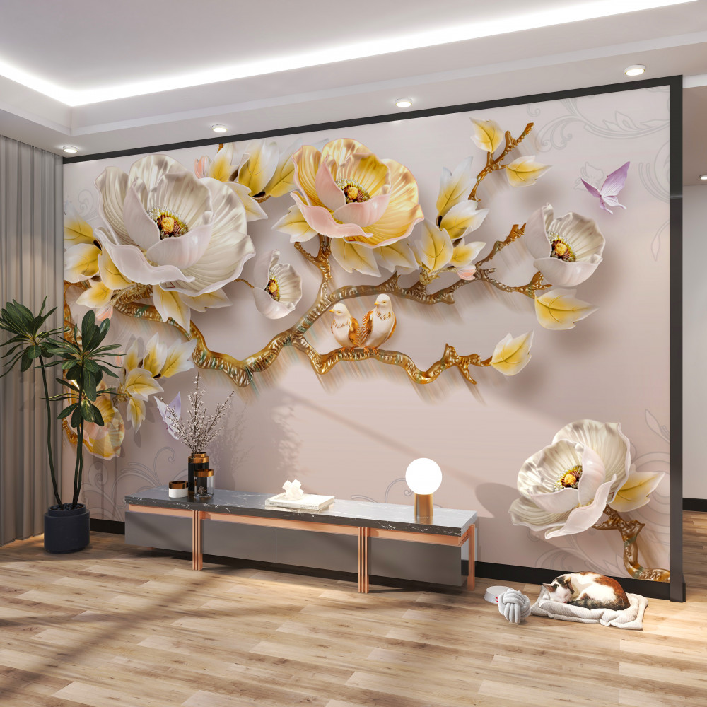Fototapeta wysadzane klejnotami gałęzie magnolii i złoto
