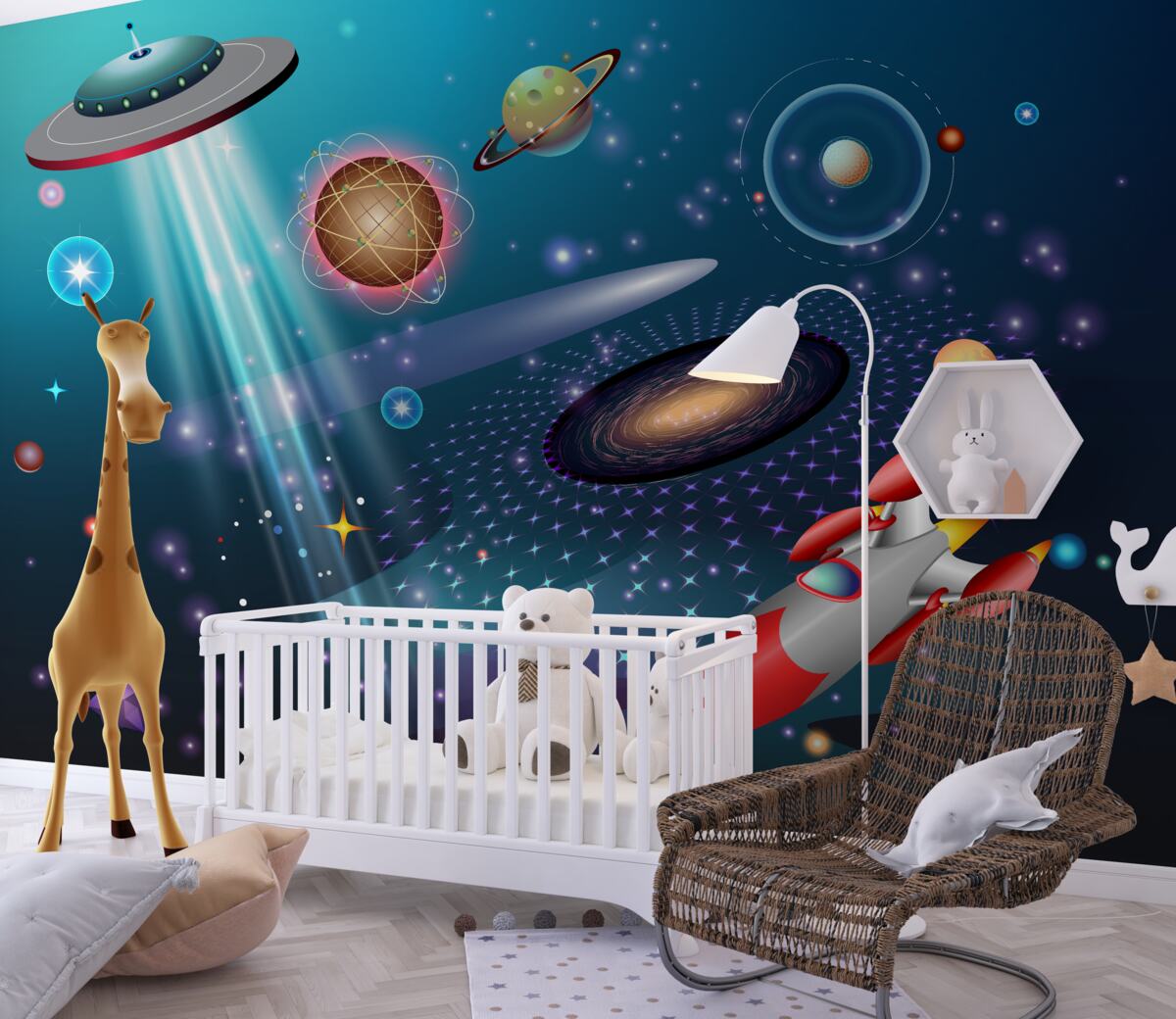 Fototapeta Rakieta i UFO wśród planet