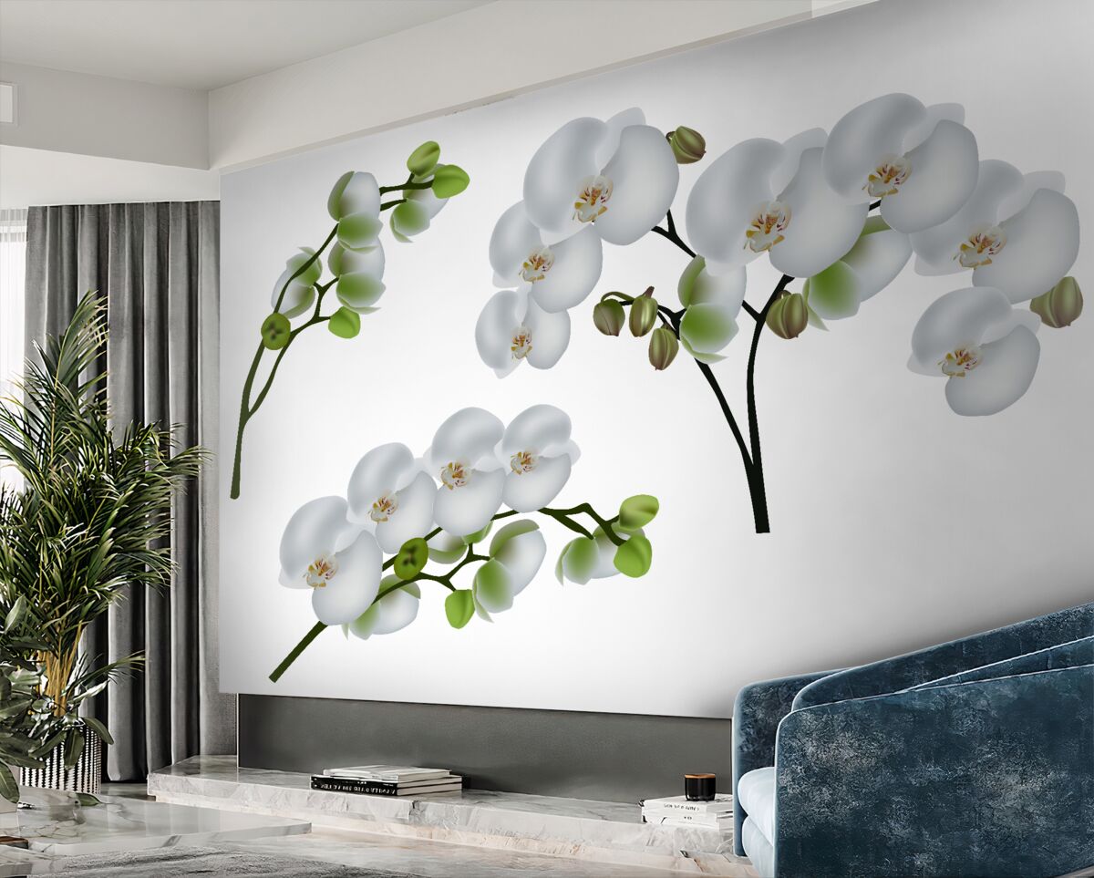 Fototapeta biała orchidea z zielonymi liśćmi