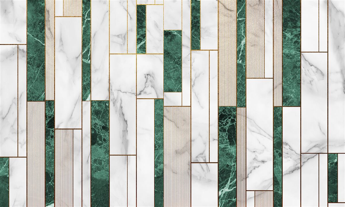 Fototapeta białe i zielone pionowe płytki ze złotem