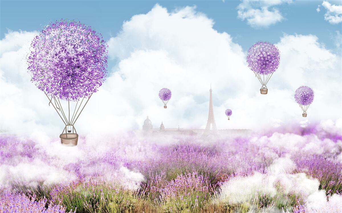 Fototapeta balony na ogrzane powietrze latają nad polem lawendy