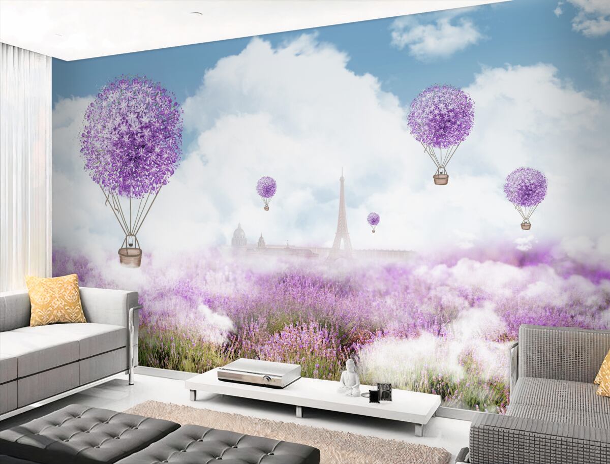 Fototapeta balony na ogrzane powietrze latają nad polem lawendy