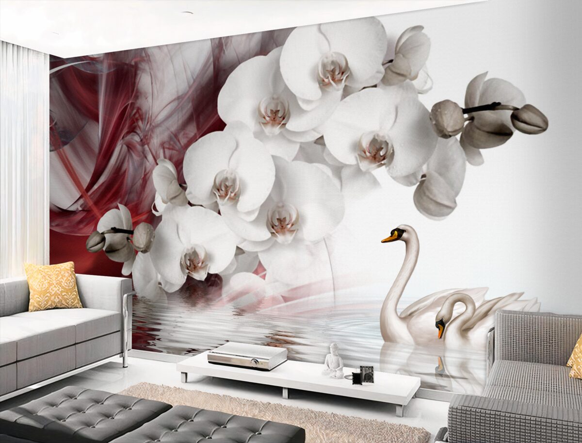 Fototapeta białe pąki orchidei w pobliżu wody z łabędziami
