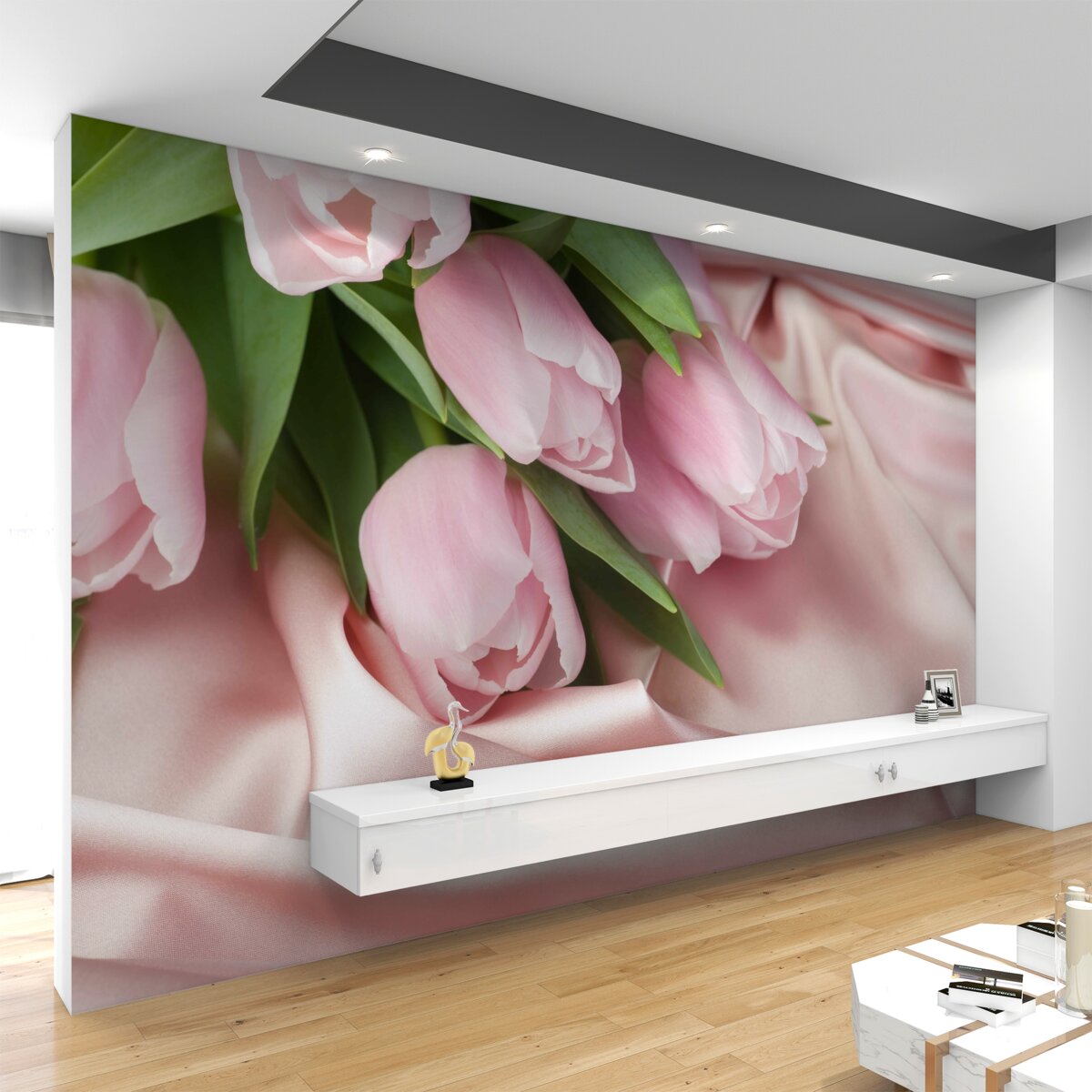 Fototapeta delikatne różowe tulipany na jedwabiu