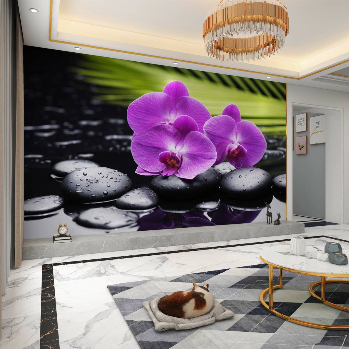 Fototapeta fioletowa orchidea na czarnym kamieniu w pobliżu wody