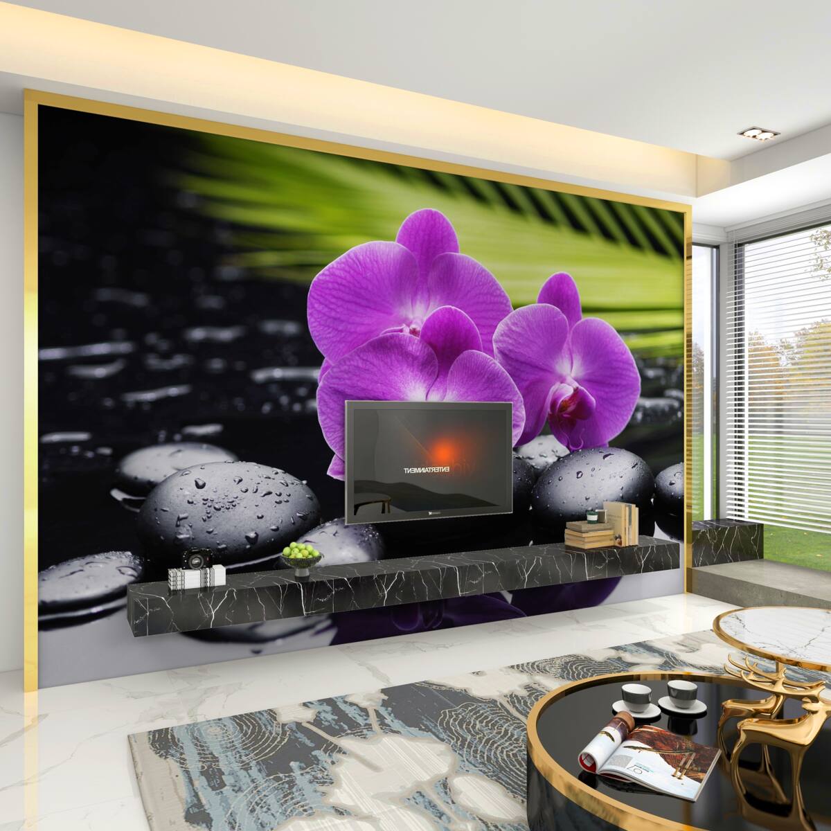Fototapeta fioletowa orchidea na czarnym kamieniu w pobliżu wody