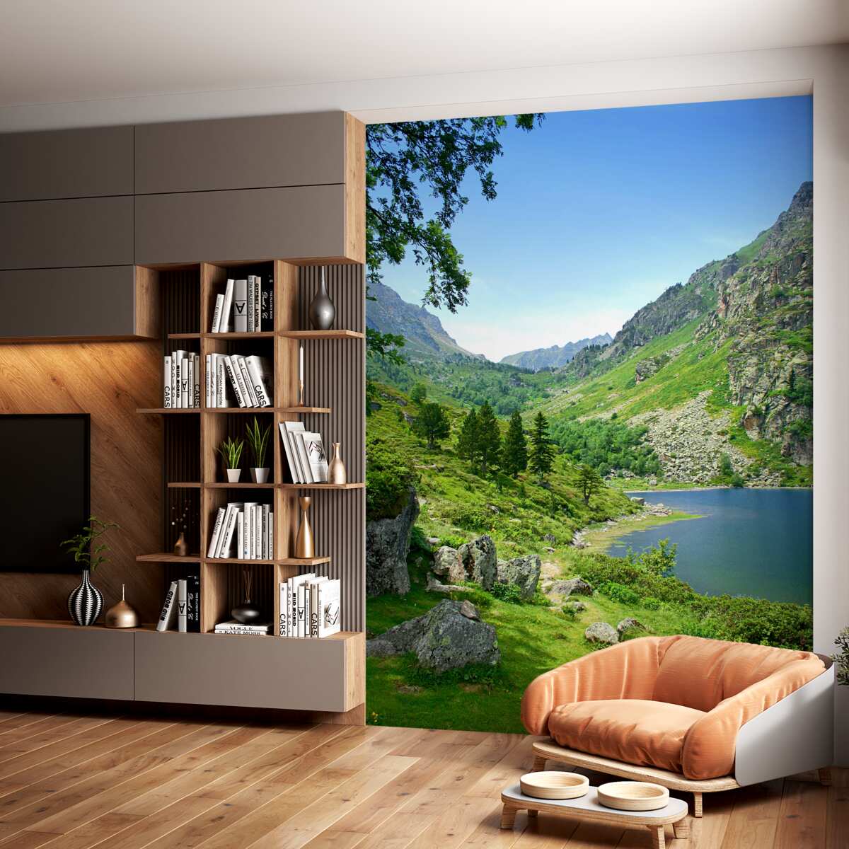 Fototapeta jezioro pośrodku gór w zieleni