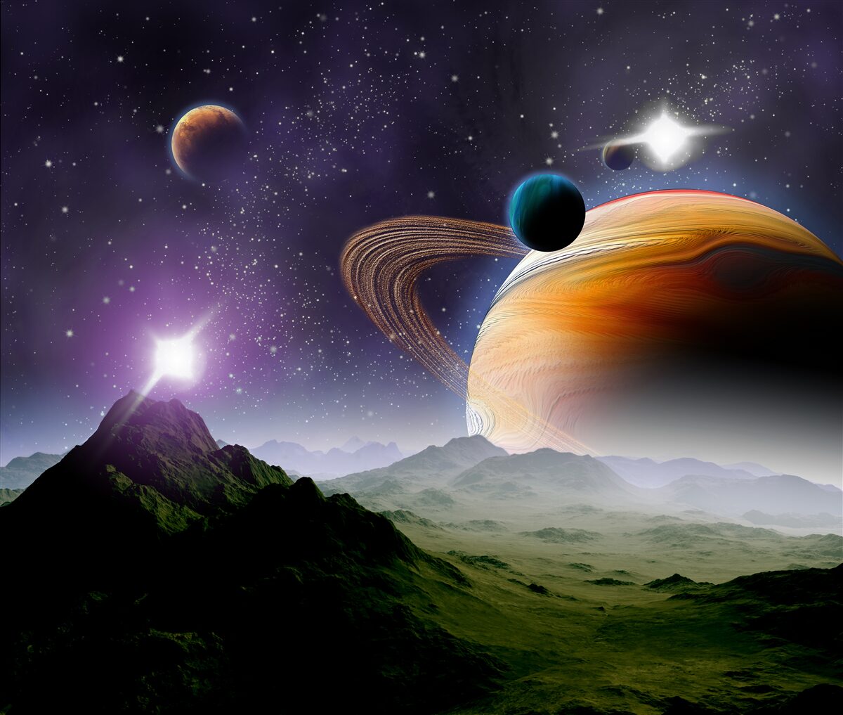 Fototapeta kosmiczna abstrakcja planet i gór