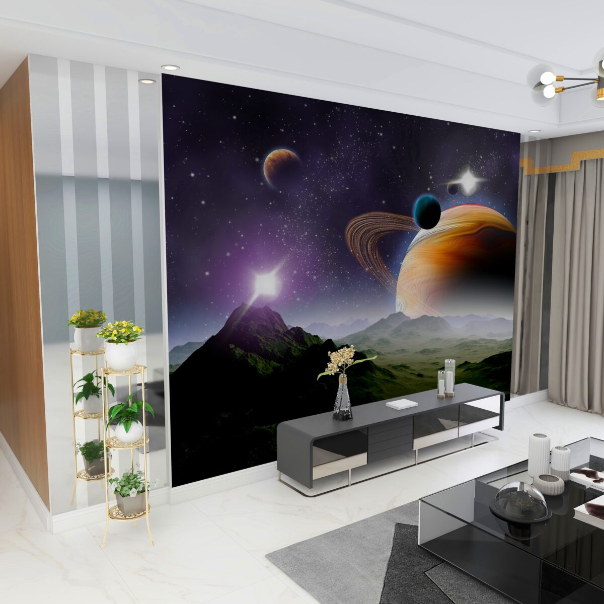 Fototapeta kosmiczna abstrakcja planet i gór