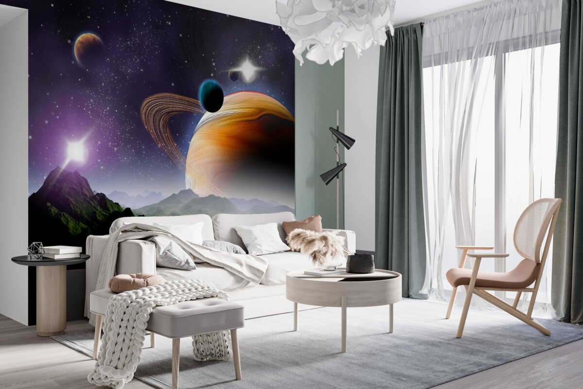 Fototapeta kosmiczna abstrakcja planet i gór