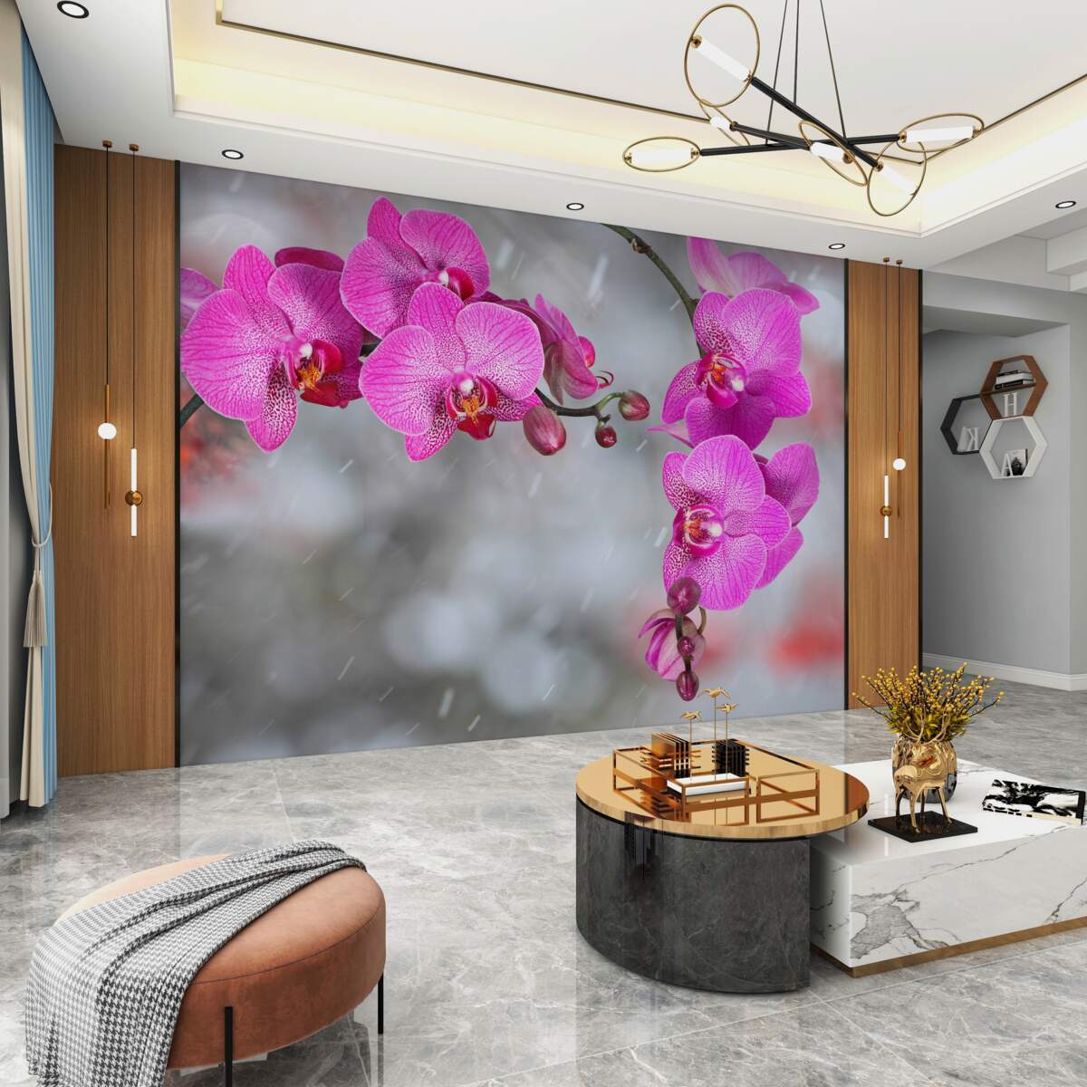 Fototapeta gałęzie różowych orchidei w deszczu