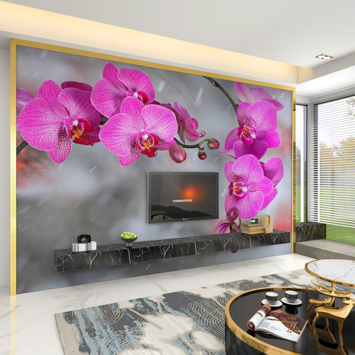 Fototapeta gałęzie różowych orchidei w deszczu