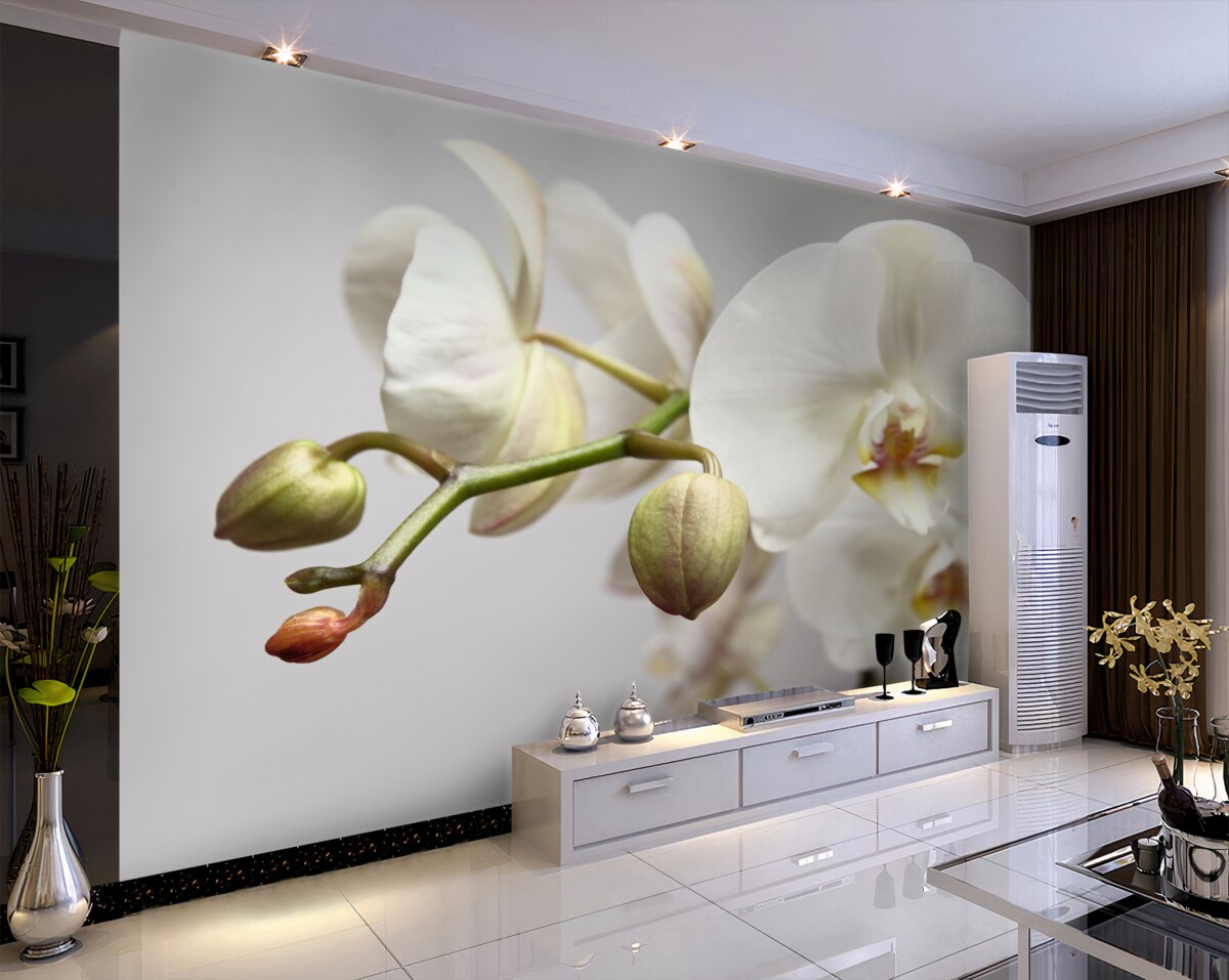 Fototapeta biała gałąź orchidei z kwiatami i pąkami