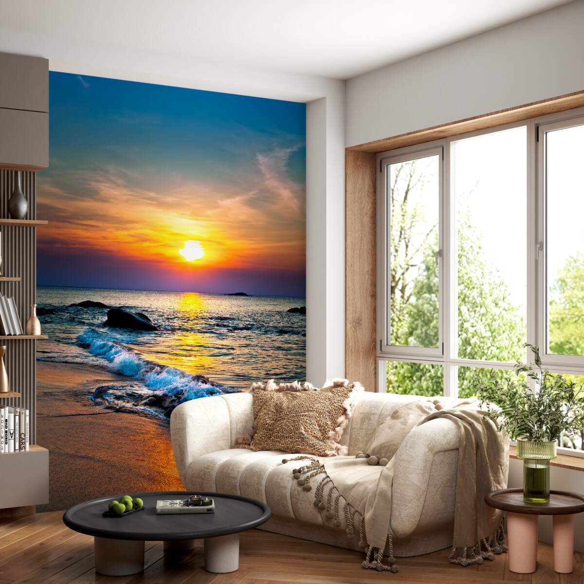 Fototapeta zachód słońca nad falami i plażą