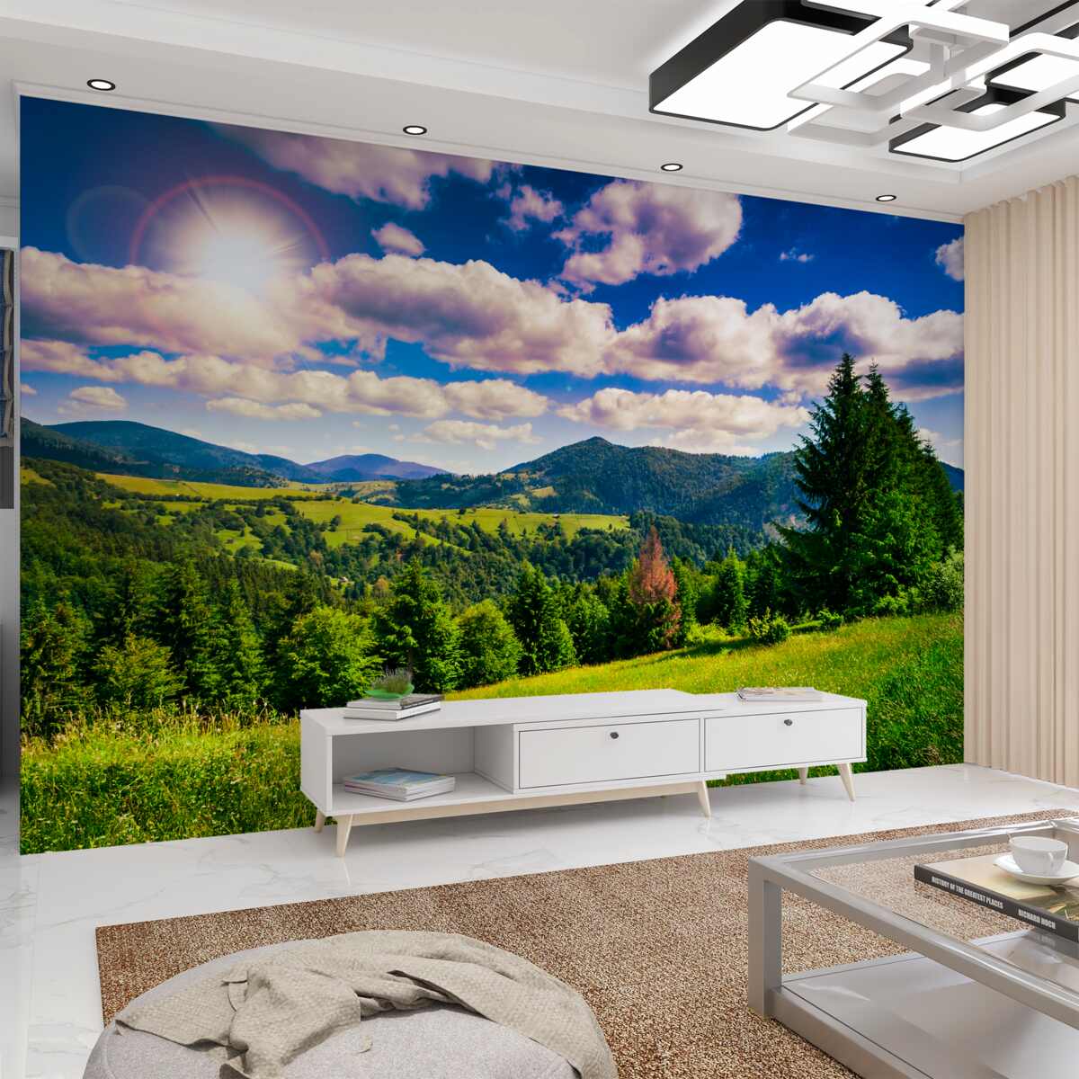 Fototapeta zielone łąki górskie w jasny dzień