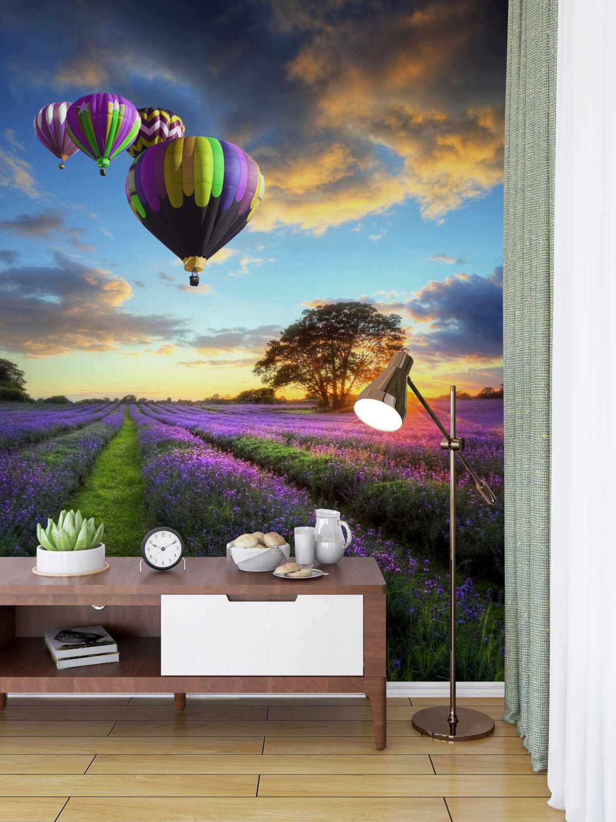 Fototapeta kolorowy balon na ogrzane powietrze unoszący się nad lawendą