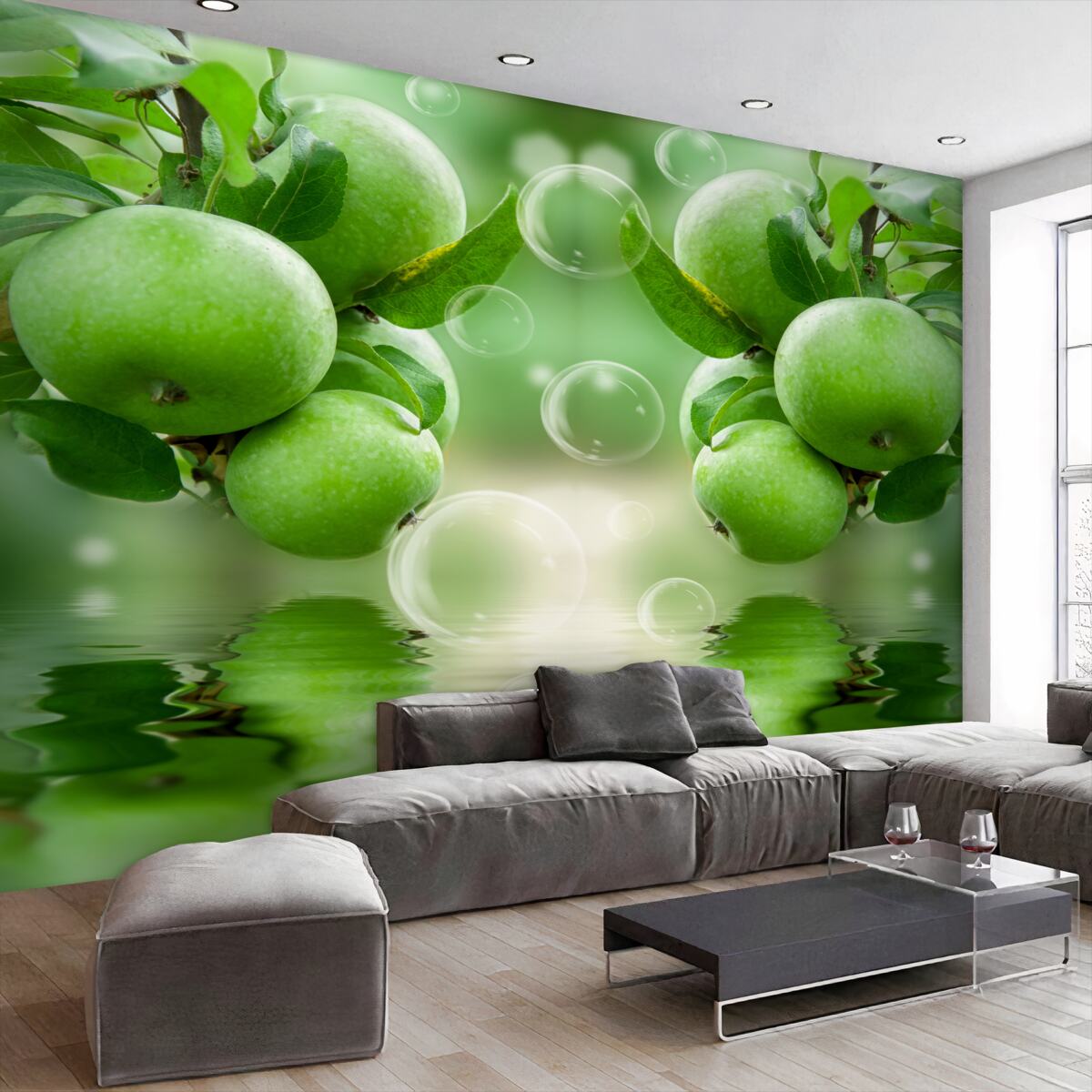 Fototapeta soczyste zielone jabłka w odbiciu wody