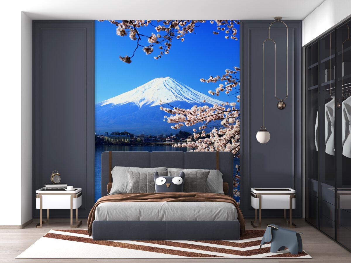 Fototapeta sakura na tle jeziora i gór
