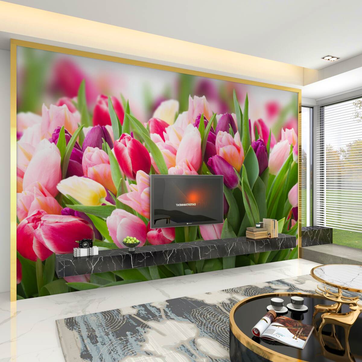 Fototapeta kolorowe wiosenne tulipany z zielenią