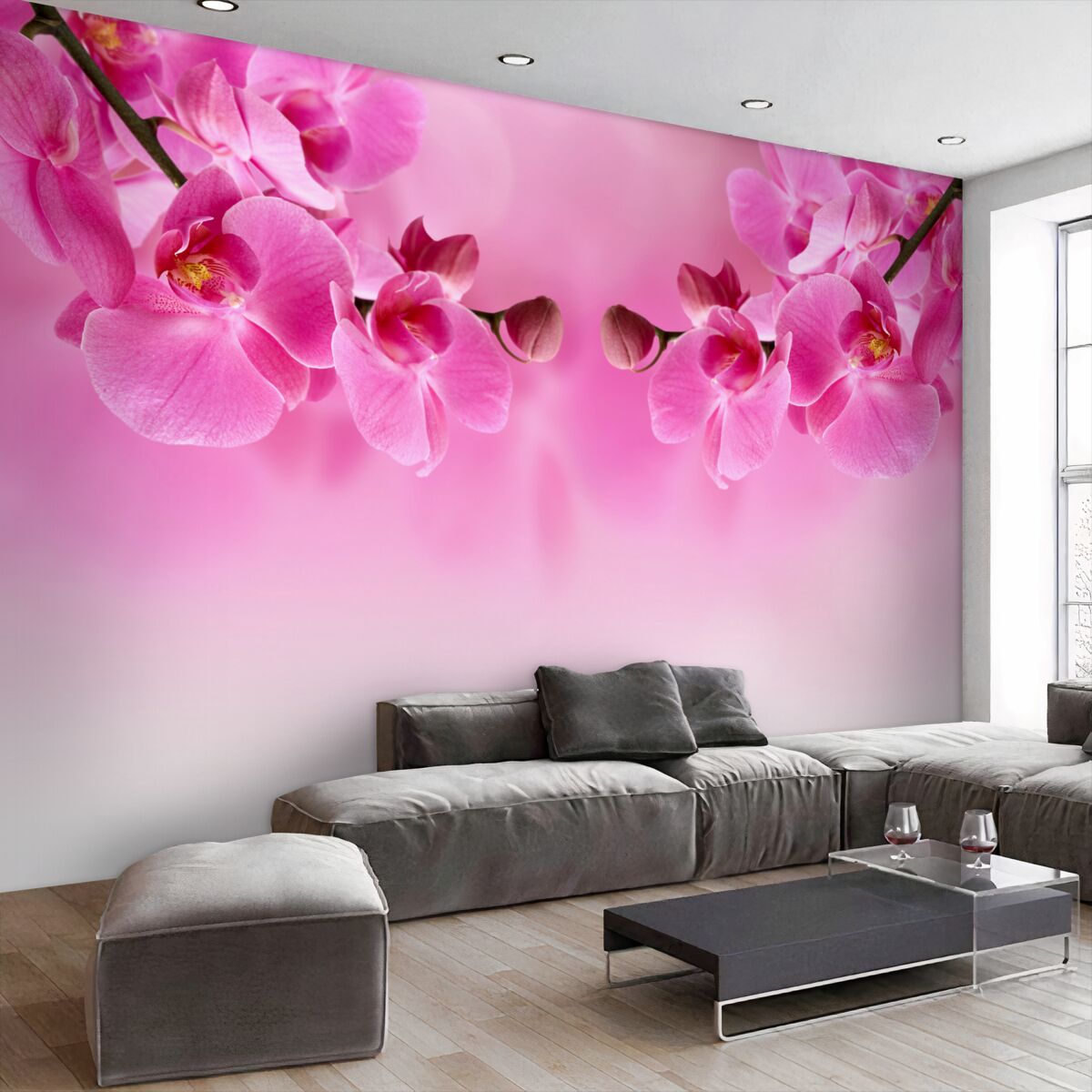 Fototapeta gałęzie różowych orchidei na tle siatki