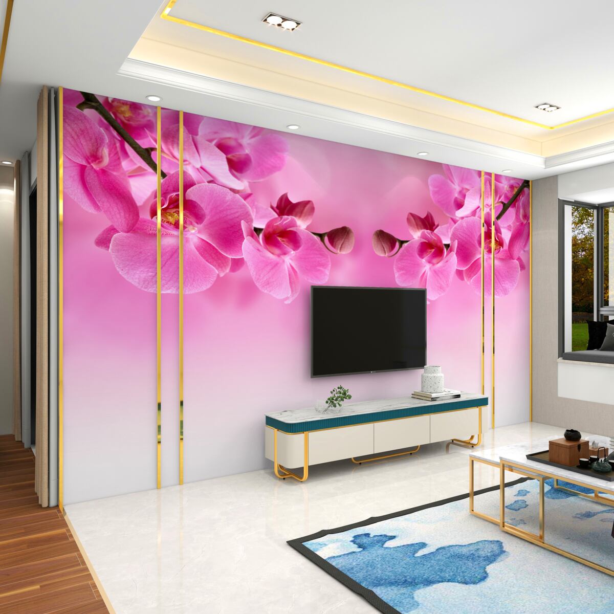 Fototapeta gałęzie różowych orchidei na tle siatki